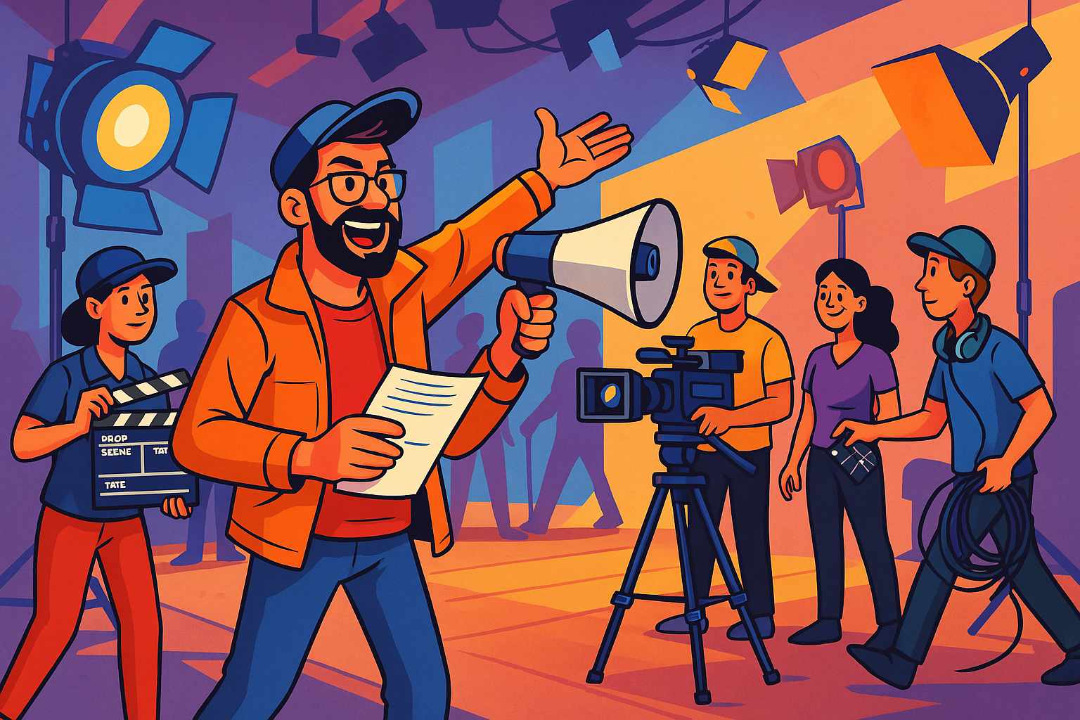 Cartoon illustration of a director guiding a film set
